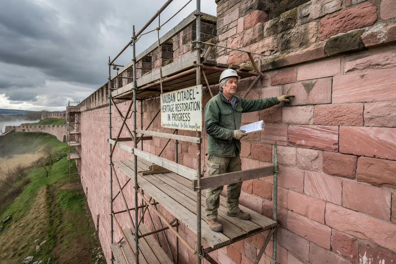 Pierre Vasseur sur l'échafaudage de restauration de la courtine nord de la Citadelle de Belfort