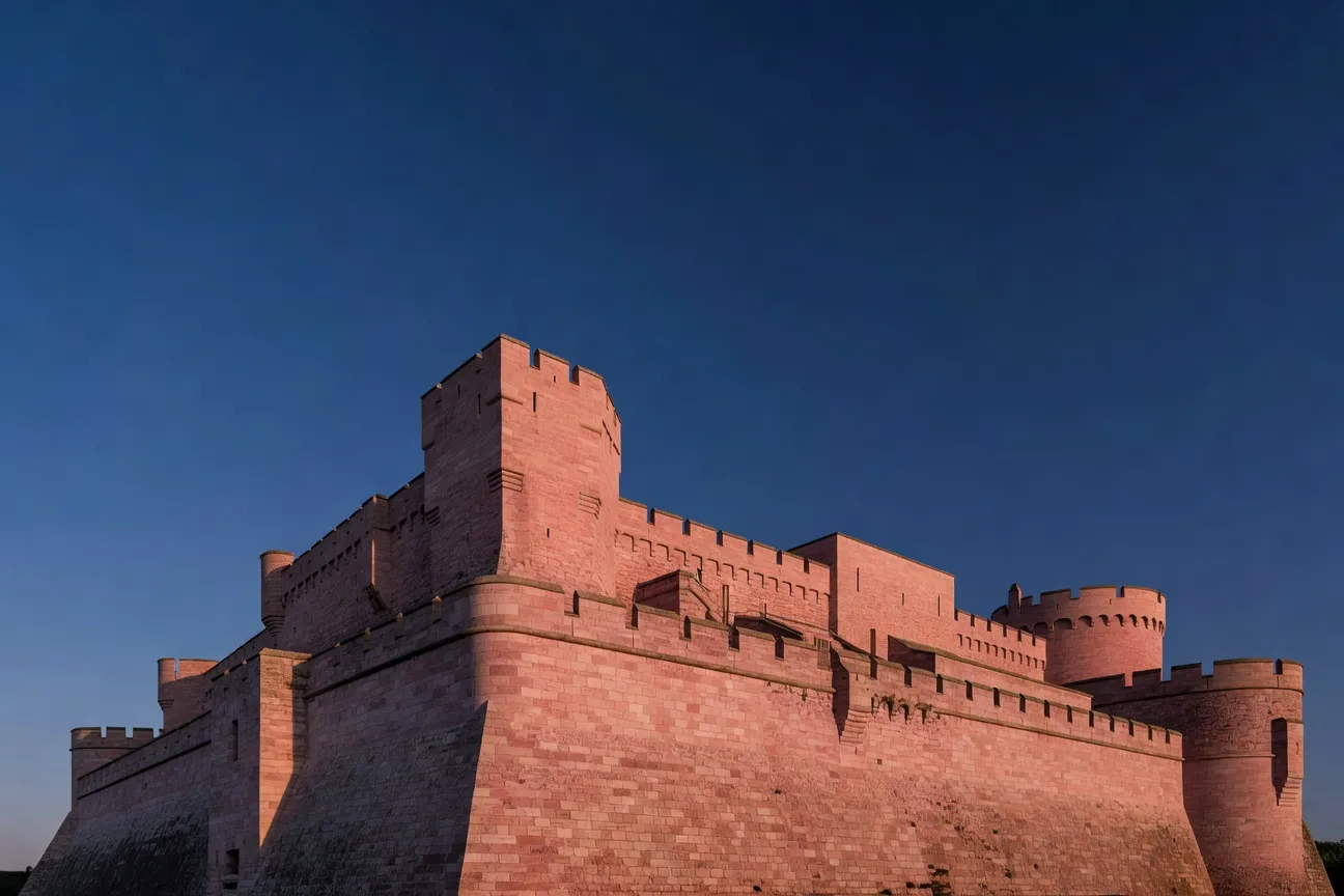 Vue en contre-plongée sur les bastions restaurés de la Citadelle de Belfort au coucher du soleil
