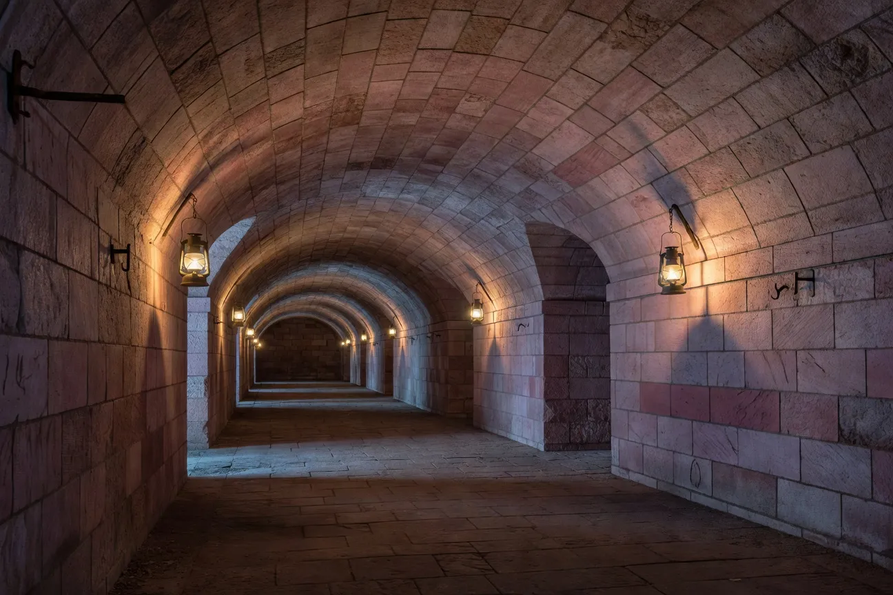 Galeries voûtées du Grand Souterrain de Belfort avec éclairage historique