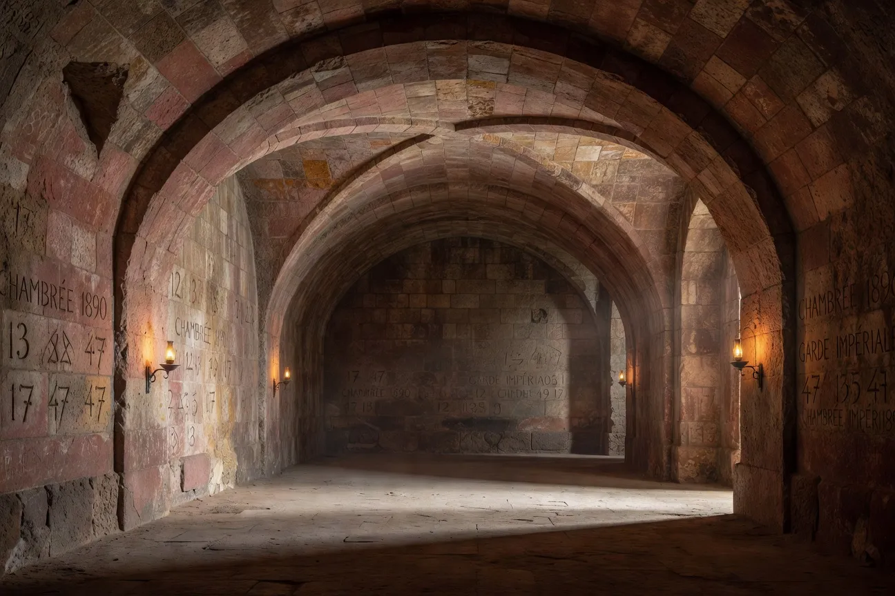 Chambrée numérotée du Grand Souterrain de Belfort avec graffitis historiques sur les murs