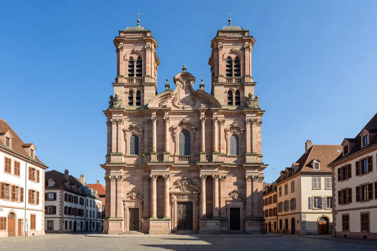 Façade baroque de la cathédrale Saint-Christophe de Belfort avec ses deux tours de 57 mètres