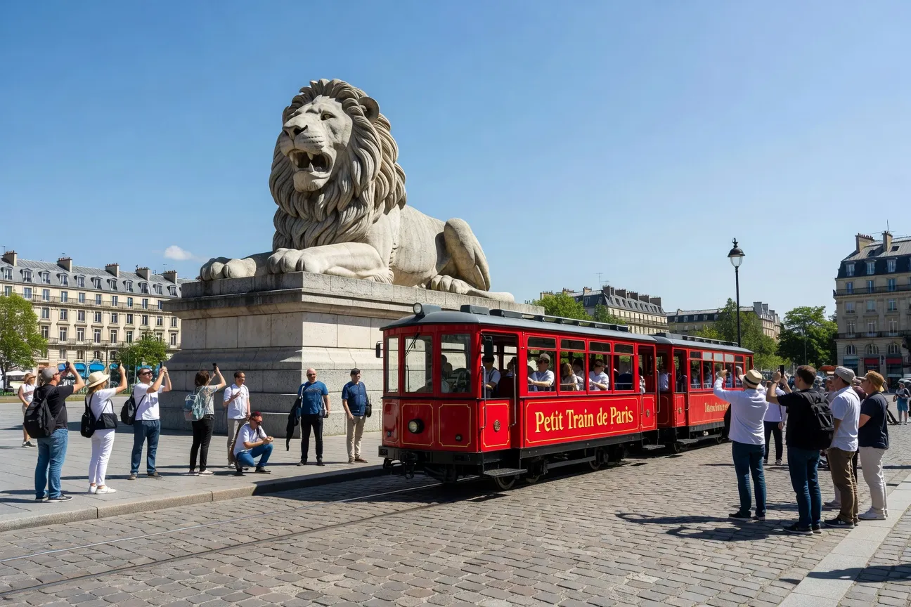 Petit train touristique de Belfort passant devant le Lion de Bartholdi