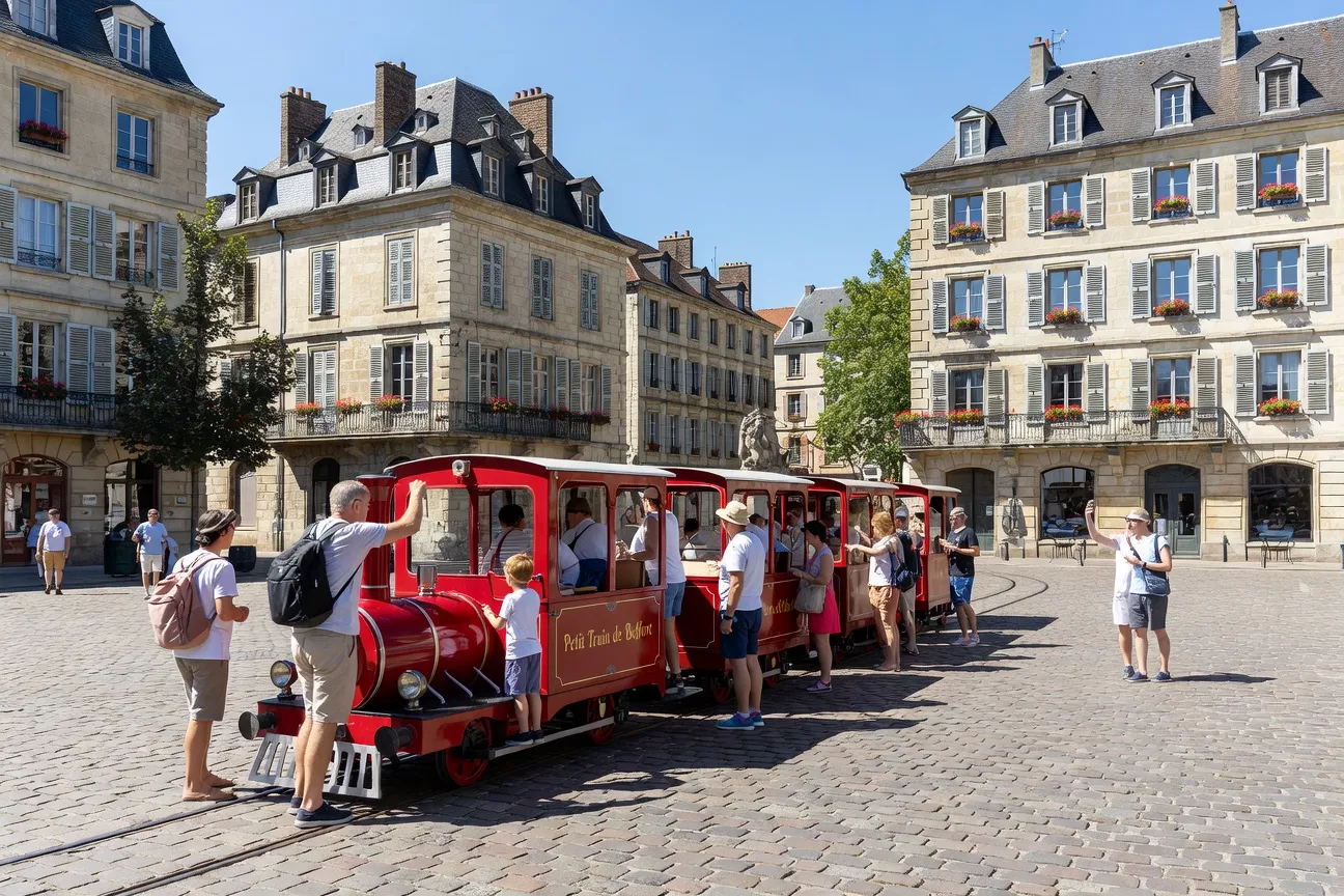Touristes à bord du petit train avec vue sur la Savoureuse et les remparts