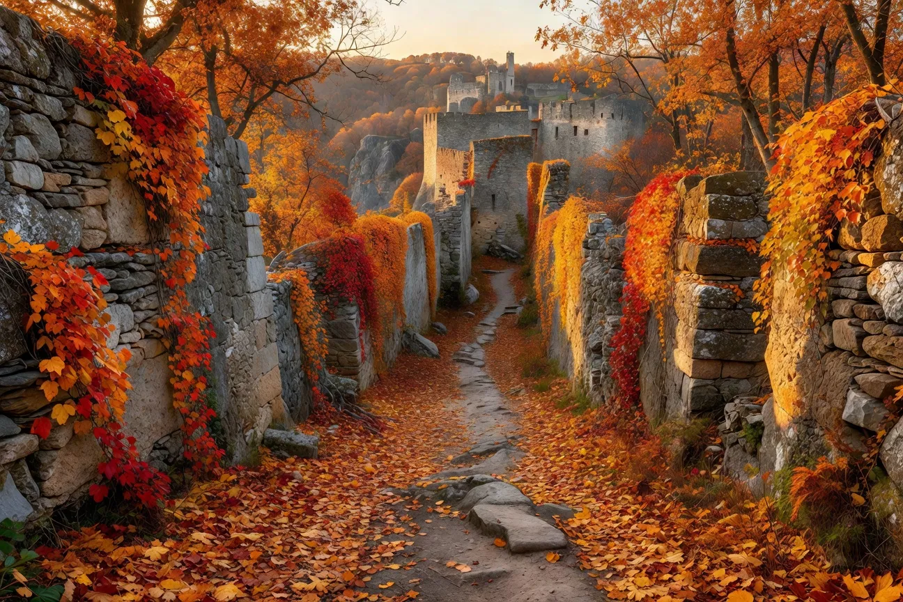 Sentier de randonnée longeant les remparts de la Citadelle de Belfort en automne