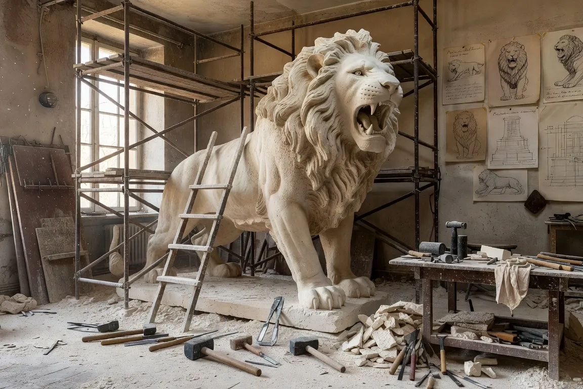 Maquette et dessin du Lion de Belfort dans l'atelier de Bartholdi