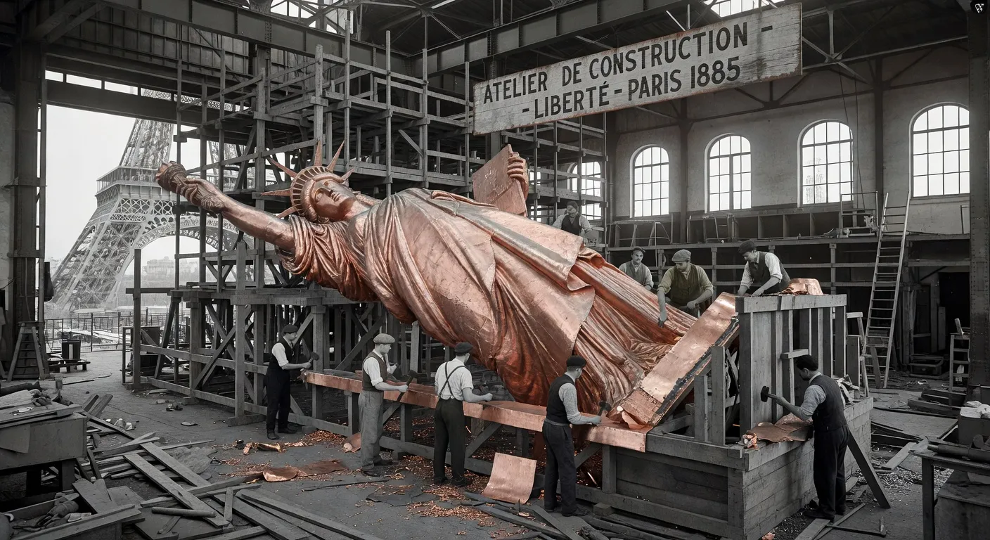 Statue de la Liberté en cours de construction à Paris en 1885, feuilles de cuivre sur armature métallique Eiffel, chantier documentaire