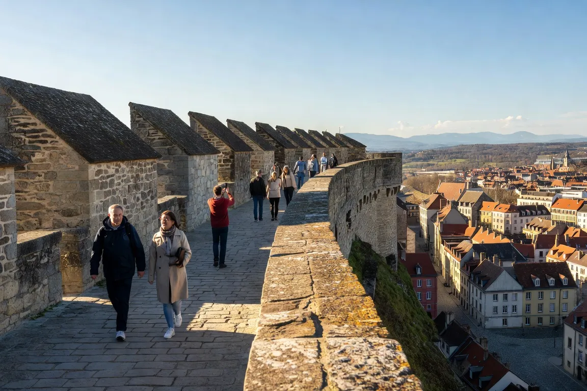 Promenade sur les remparts de la Citadelle de Belfort — bastions Vauban en perspective