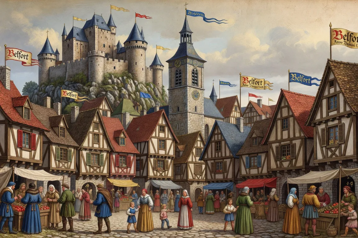 Belfort médiéval — paysage urbain historique du bourg et du château