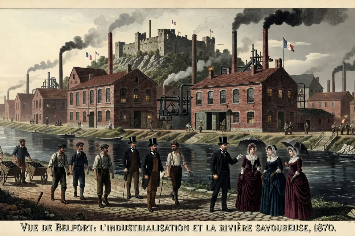 Belfort au XIXe siècle — gravure du bourg industriel et de la citadelle