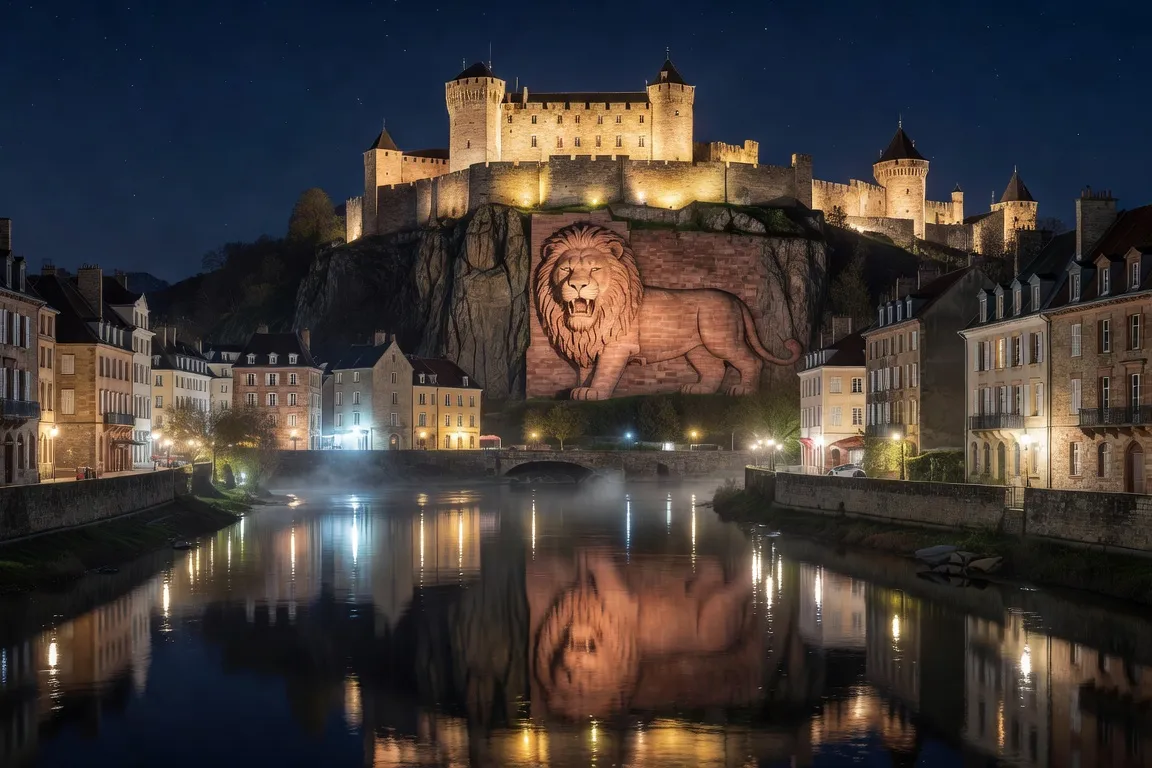 Belfort by night — la citadelle illuminée et le reflet dans la Savoureuse