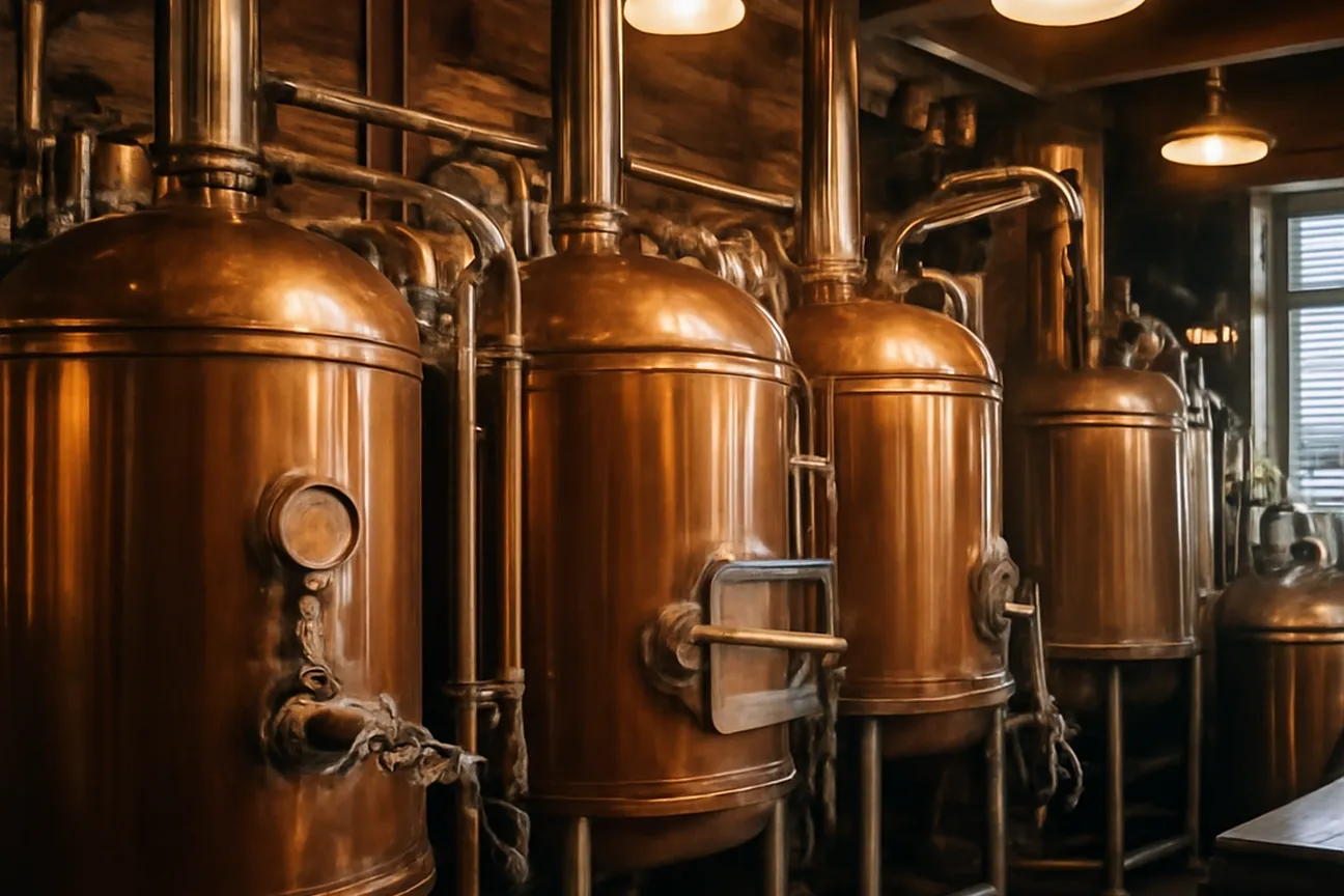 Intérieur d'une brasserie artisanale avec cuves en cuivre