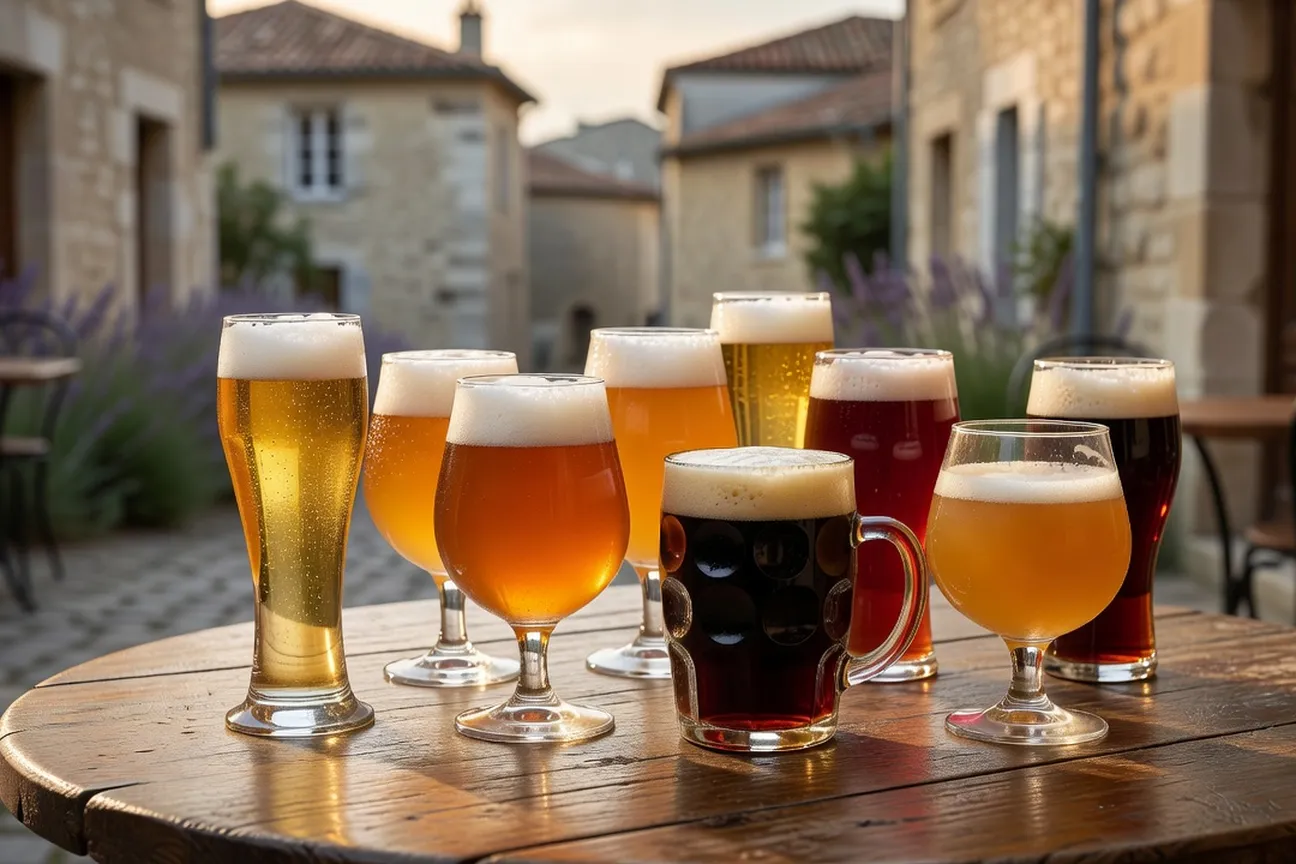 Verres de bière artisanale variée sur une table à Belfort