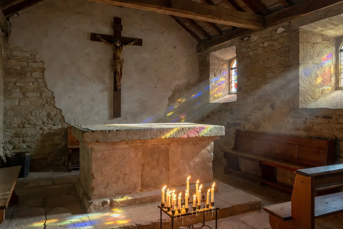 Intérieur d'une chapelle rurale du Territoire de Belfort — autel et statues
