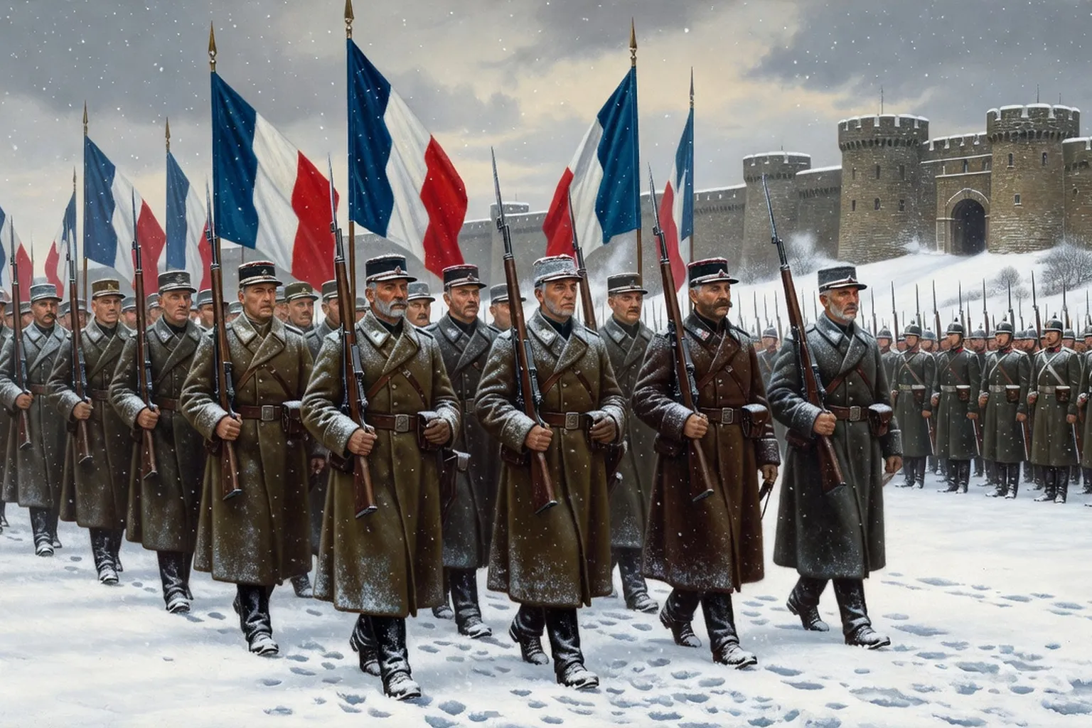 Scène historique de la sortie honorable de la garnison de Belfort en février 1871