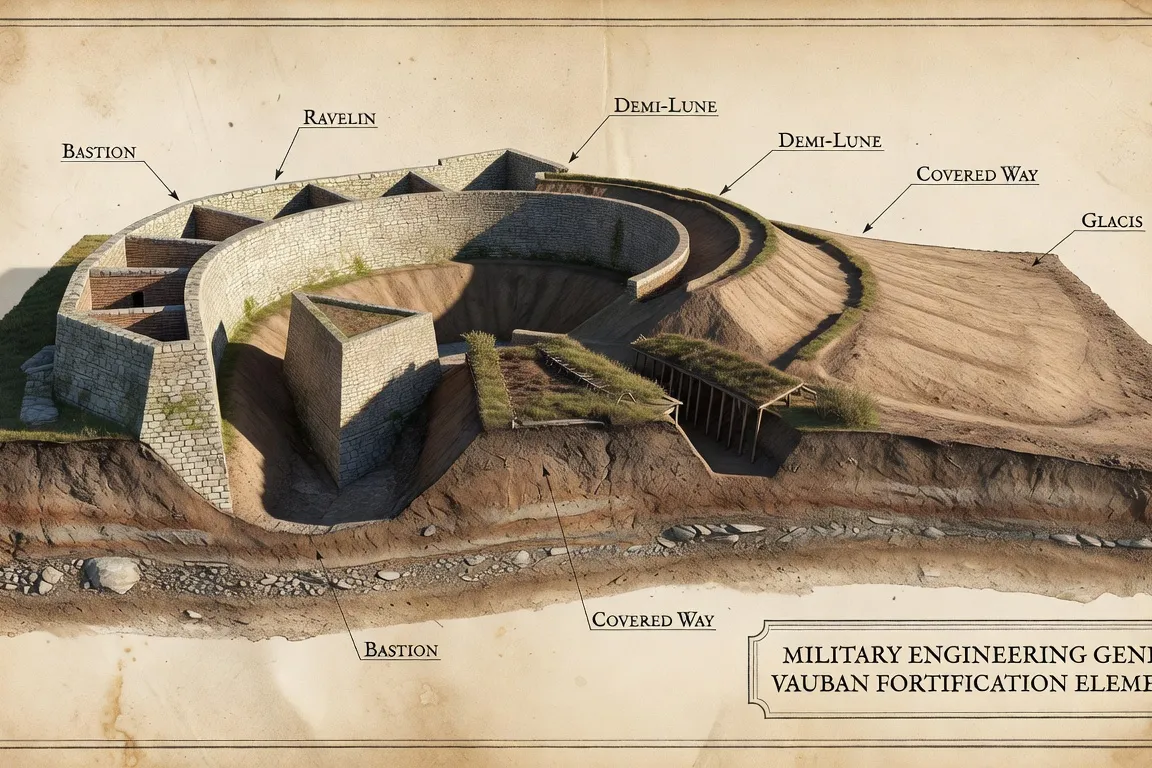 Coupe schématique d'une fortification Vauban — bastions, courtines et fossés