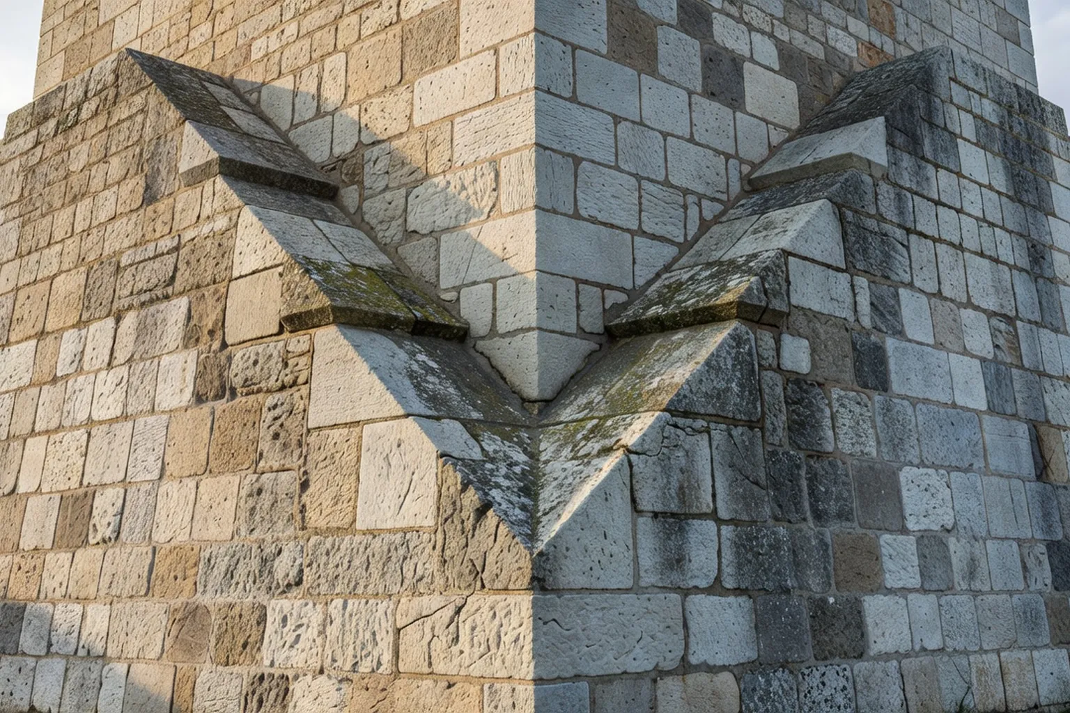 Vue rapprochée d'un angle de bastion à la citadelle de Belfort, détails architecturaux des pierres et des angles défensifs