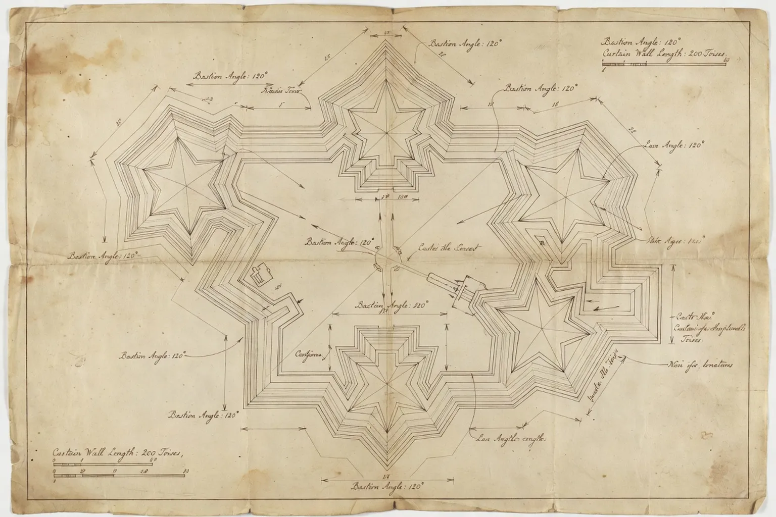 Plan architectural ancien d’une fortification de type Vauban, dessin à l’encre sur parchemin jauni avec tracés des bastions