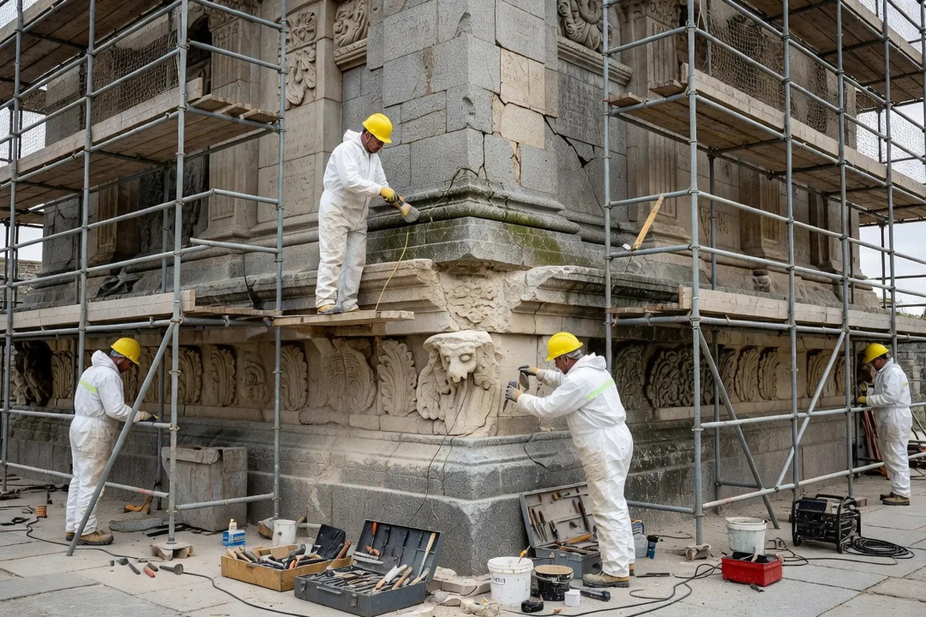 Chantier de restauration de patrimoine en pierre, échafaudage