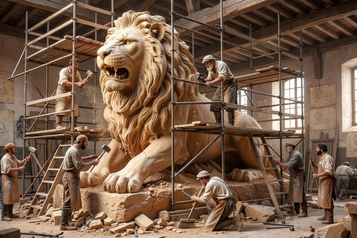 Artisans au travail sur la sculpture du Lion de Belfort dans l'atelier de Bartholdi