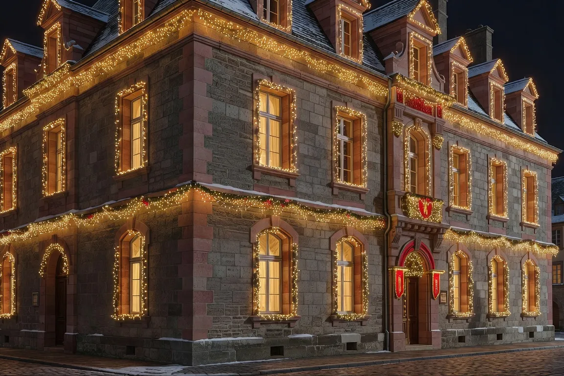 Illuminations de Noël sur un bâtiment historique de Belfort