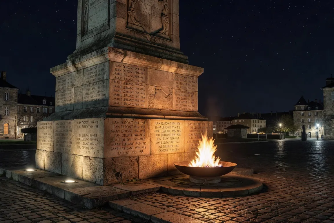 Flamme éternelle devant un mémorial de Belfort — cérémonie du souvenir