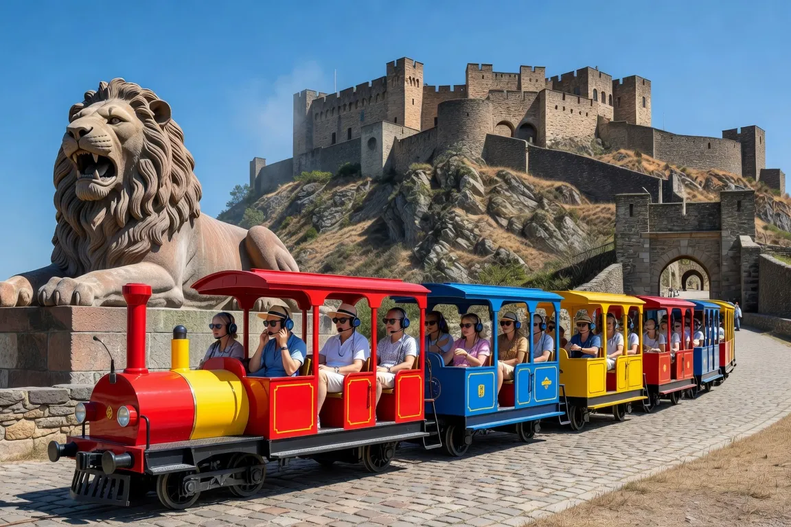 Le petit train touristique de Belfort passant devant le Lion de Bartholdi