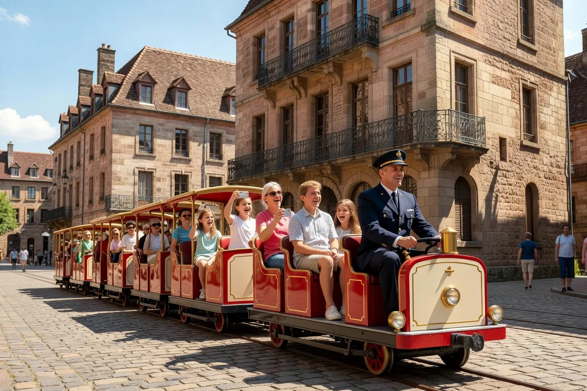 Touristes à bord du petit train de Belfort avec audioguide