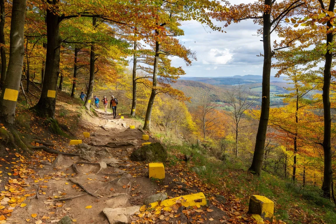 Randonneur sur un sentier balisé des Vosges au-dessus du Territoire de Belfort