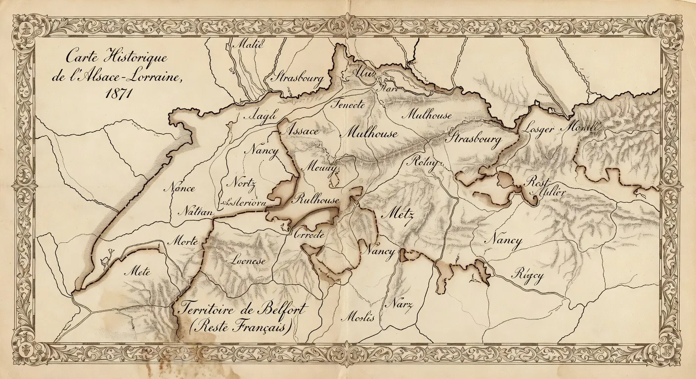Carte historique de l'Alsace-Lorraine en 1871, territoire de Belfort resté français, style cartographie vintage sépia