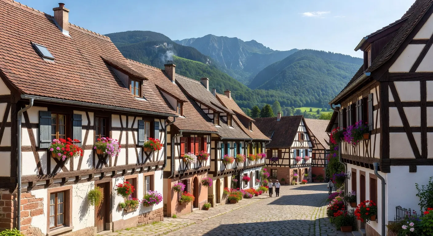 Maisons alsaciennes à colombages dans un village du Territoire de Belfort, montagnes vosgiennes en arrière-plan, journée ensoleillée