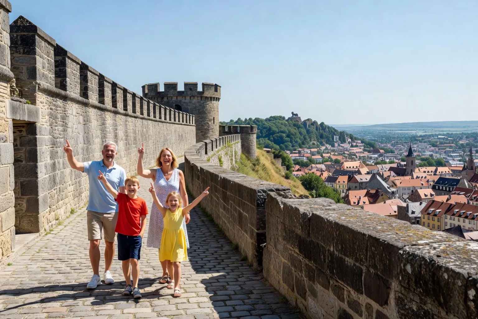 Famille de touristes sur les remparts de la citadelle de Belfort par beau temps, vue panoramique sur la ville