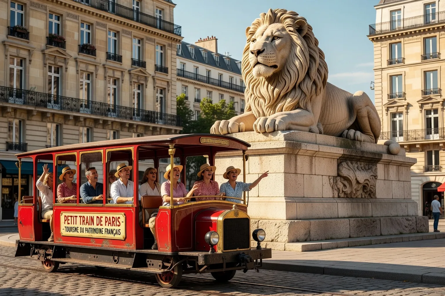 Le petit train touristique de Belfort passant devant le Lion de Bartholdi, touristes à bord