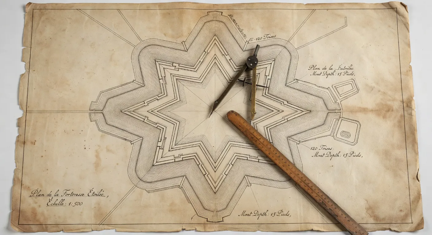 Plan étoilé d'une fortification Vauban, dessin technique sur parchemin style XVIIe siècle, bastions et fossés visibles