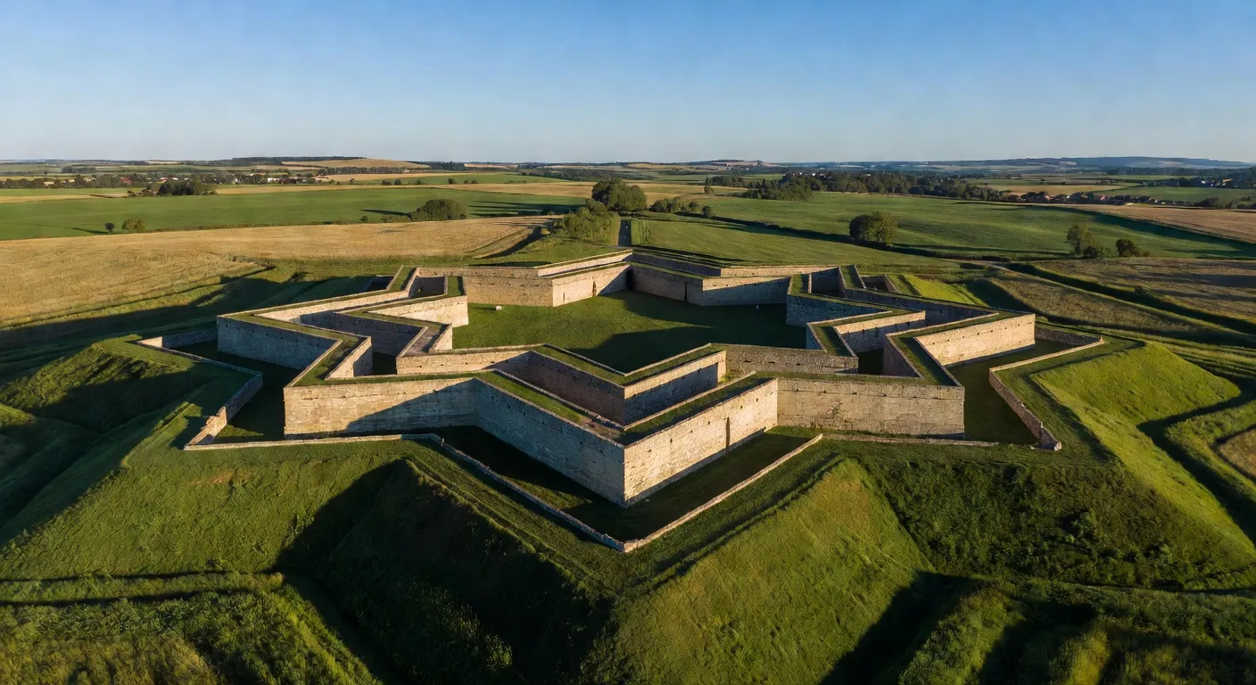 Vue aérienne d'une forteresse étoilée de Vauban entourée de ses fossés et glacis, patrimoine UNESCO, lumière de fin de journée