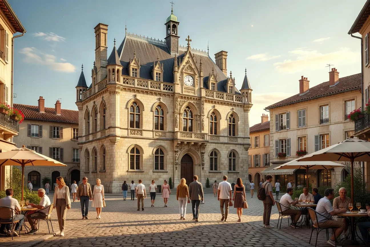 Place d'Armes ou hôtel de ville de Belfort, vue d'ensemble animée