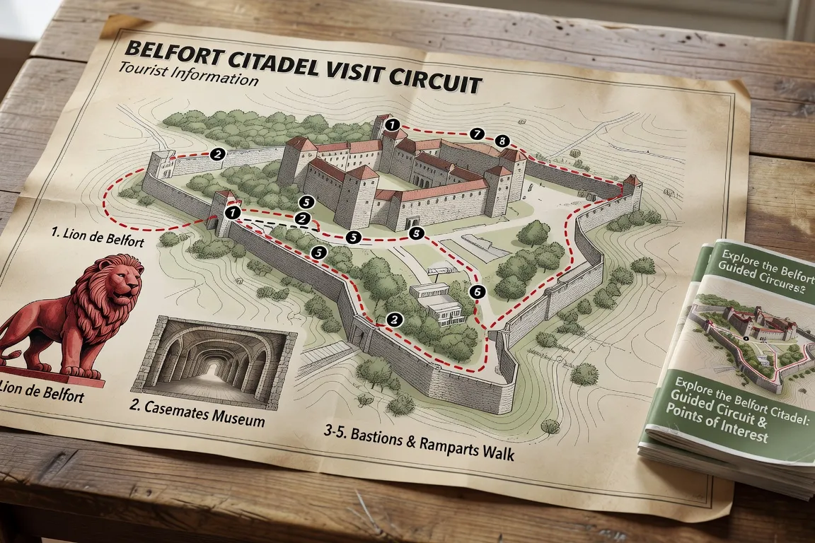 Plan de visite de la Citadelle de Belfort avec les points d'intérêt numérotés
