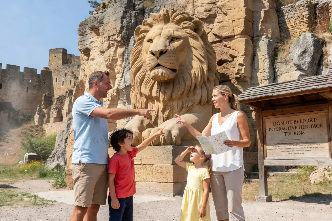Famille visitant le Lion de Bartholdi à la Citadelle de Belfort